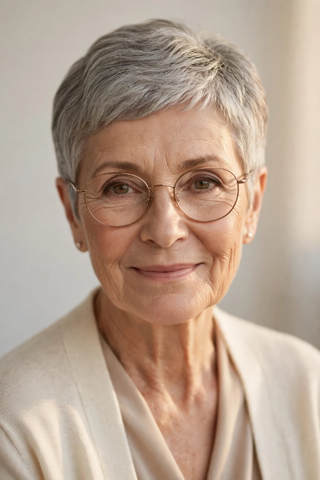 Elegant older woman with glasses and timeless short cut, classic beautiful style, warm light.