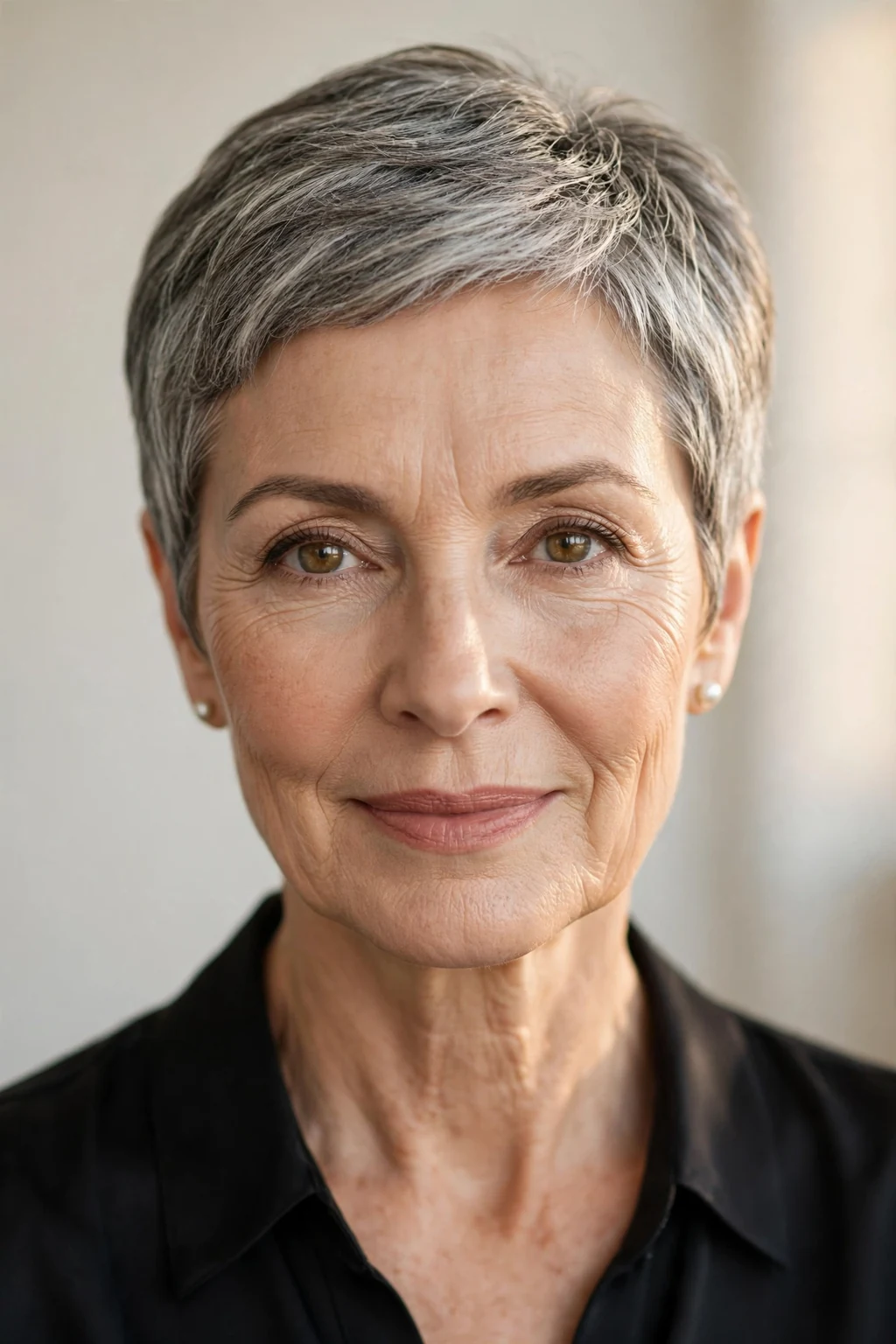 Elegant older woman over 50 with timeless short cut, classic beautiful style, warm light.