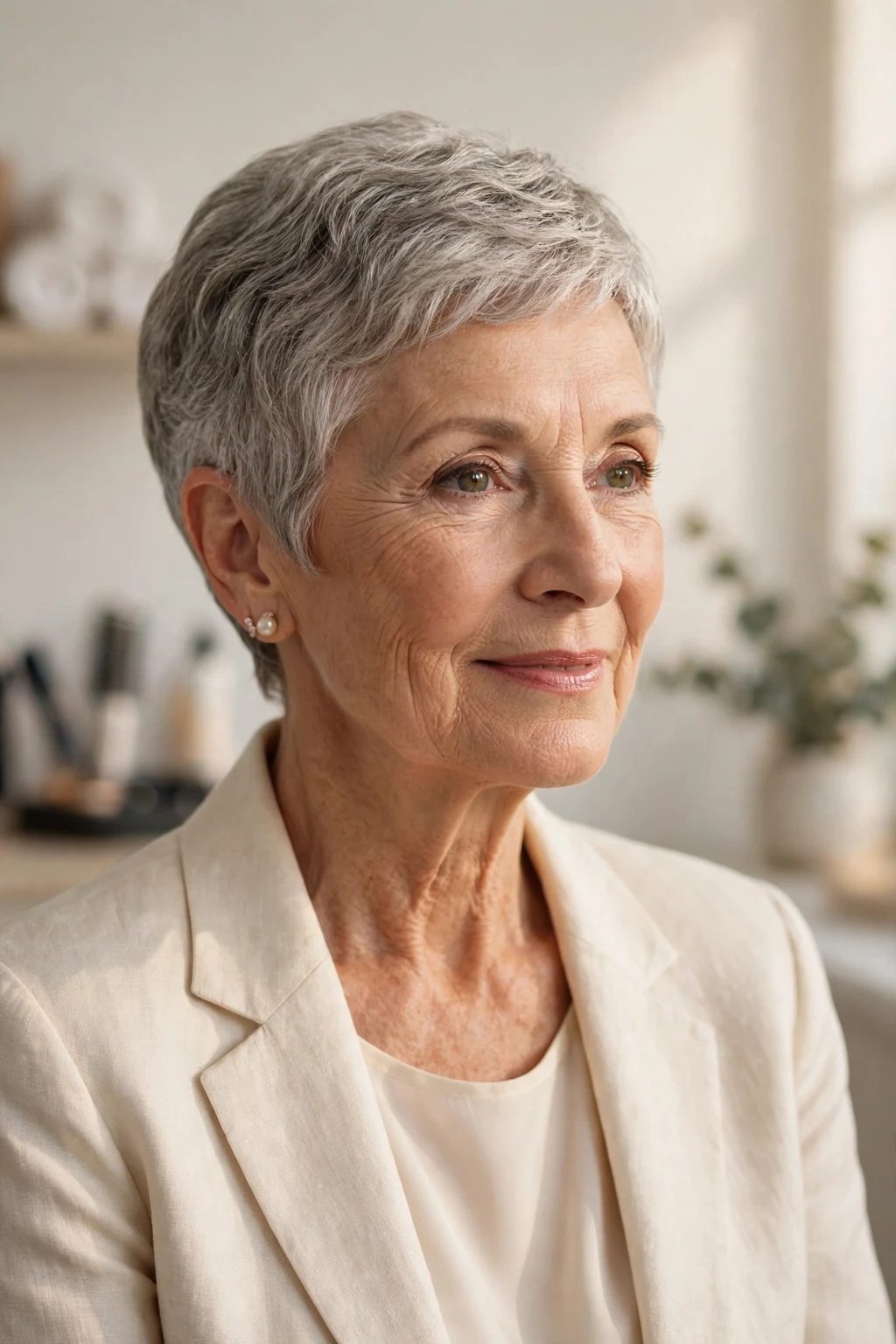 Elegant older woman over 60 with timeless short cut, classic beautiful style, warm light.