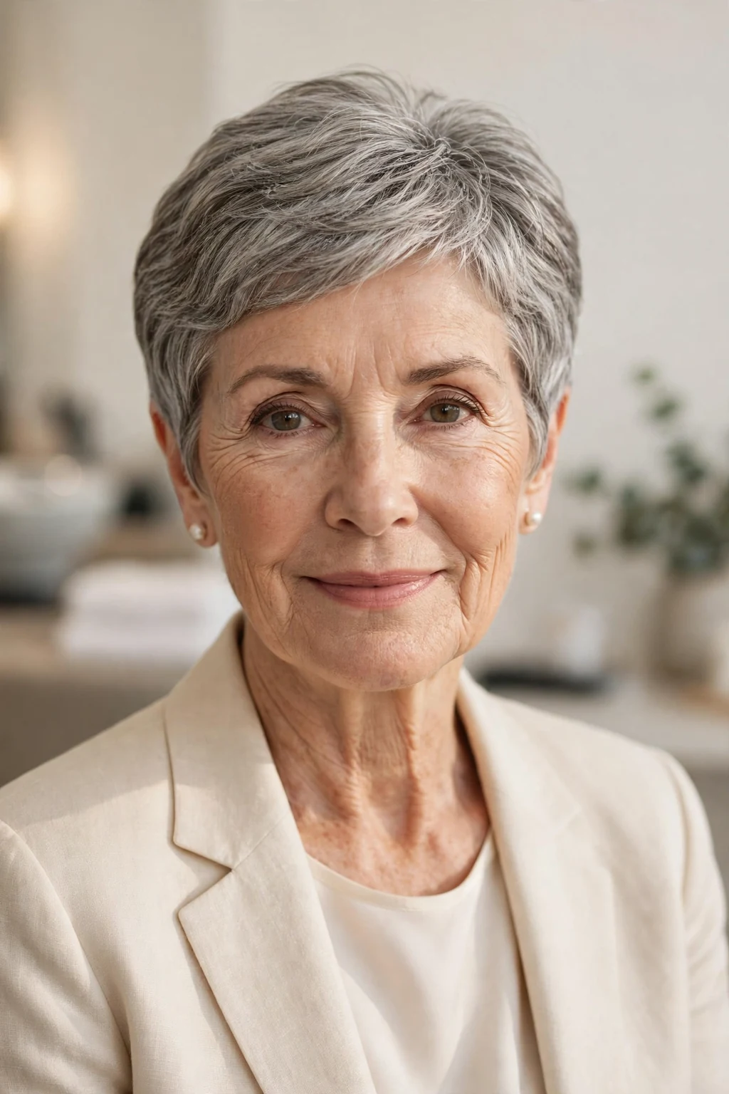 Elegant older woman with timeless short cut, classic beautiful style, warm light.