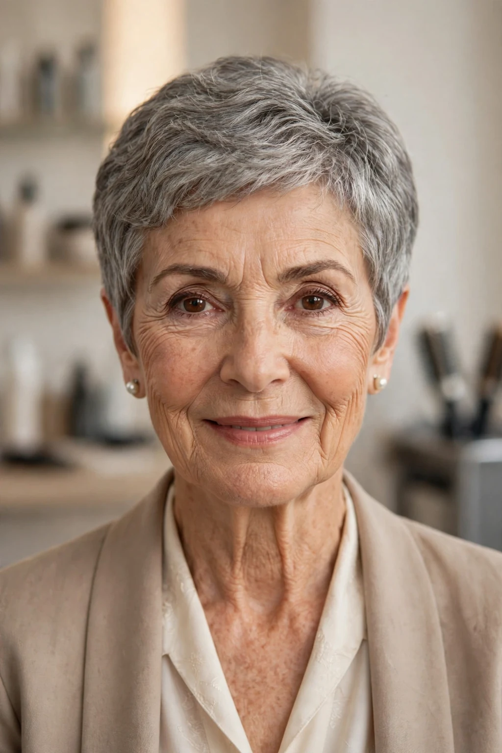 Elegant woman over 60 with timeless short cut, classic beautiful style, warm light.