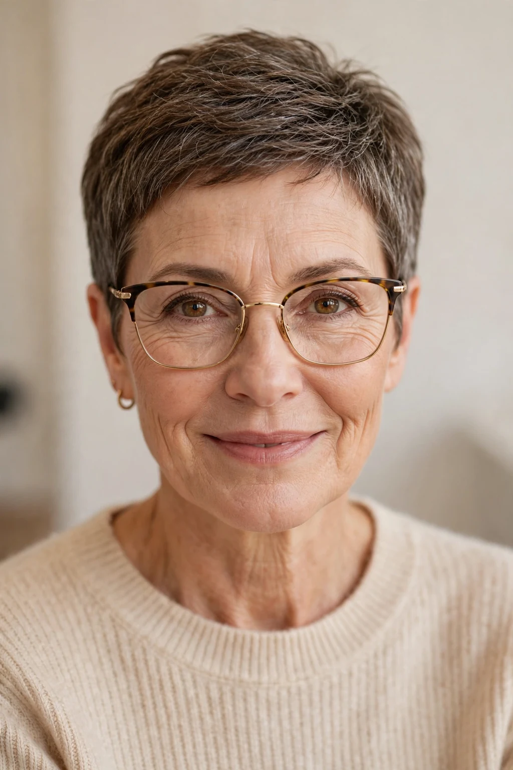 Elegant woman over 50 with glasses and timeless short style, classic beautiful crop, warm light.