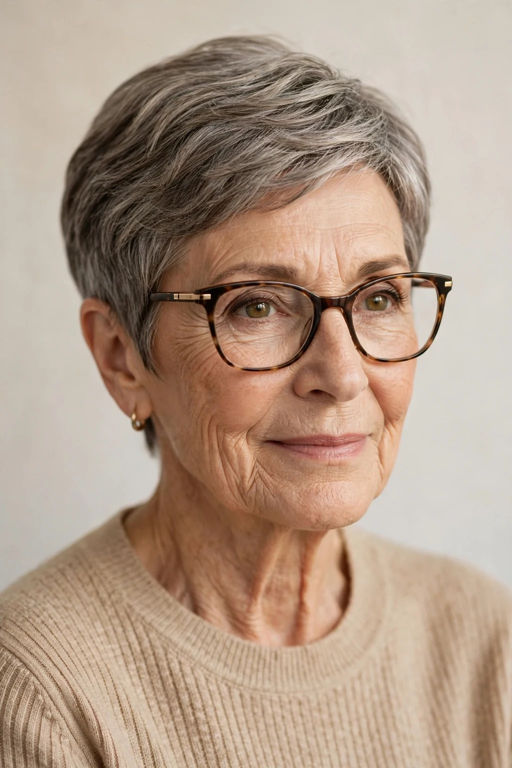 Elegant woman over 60 with glasses and timeless short style, classic beautiful crop, warm light.