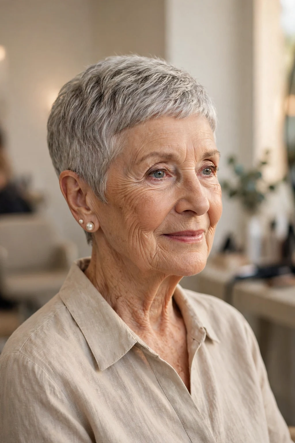Elegant woman over 70 with timeless short style, classic beautiful crop, warm light.