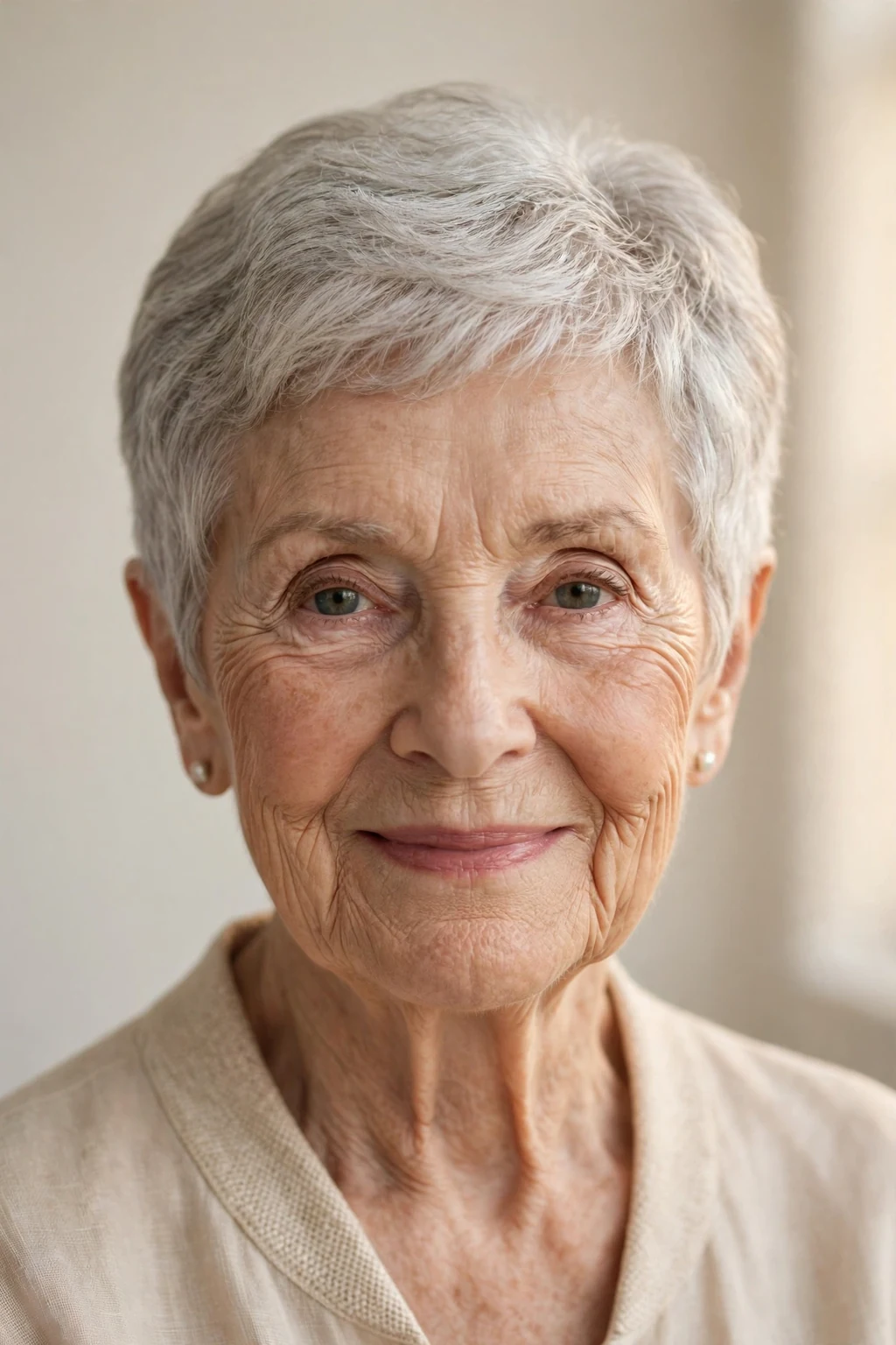 Elegant woman over 80 with timeless short style, classic beautiful crop, warm light.