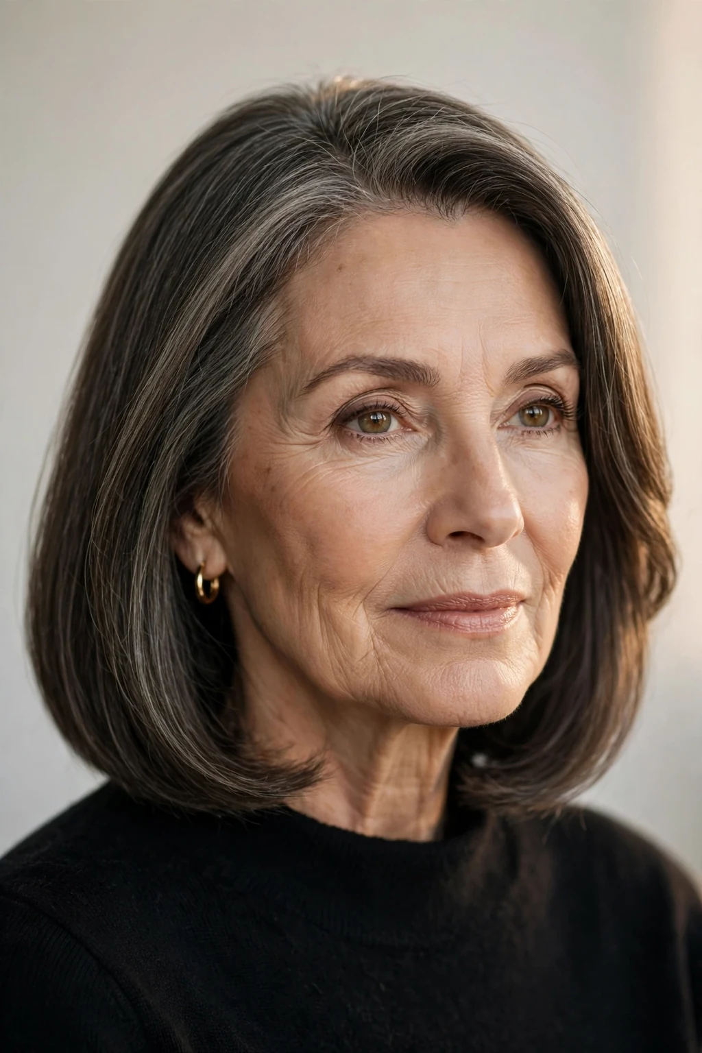 Elegant older woman with timeless shoulder-length bob, classic beautiful shape, warm light.