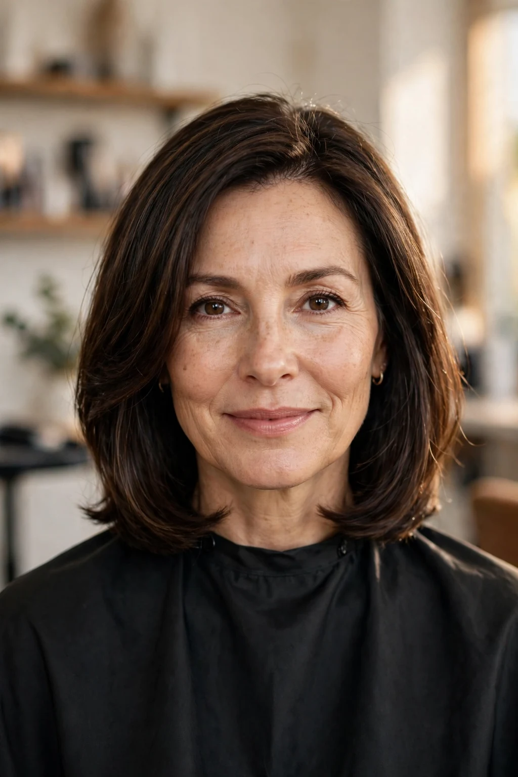 Woman over 40 with timeless shoulder-length cut, classic beautiful style, warm light.
