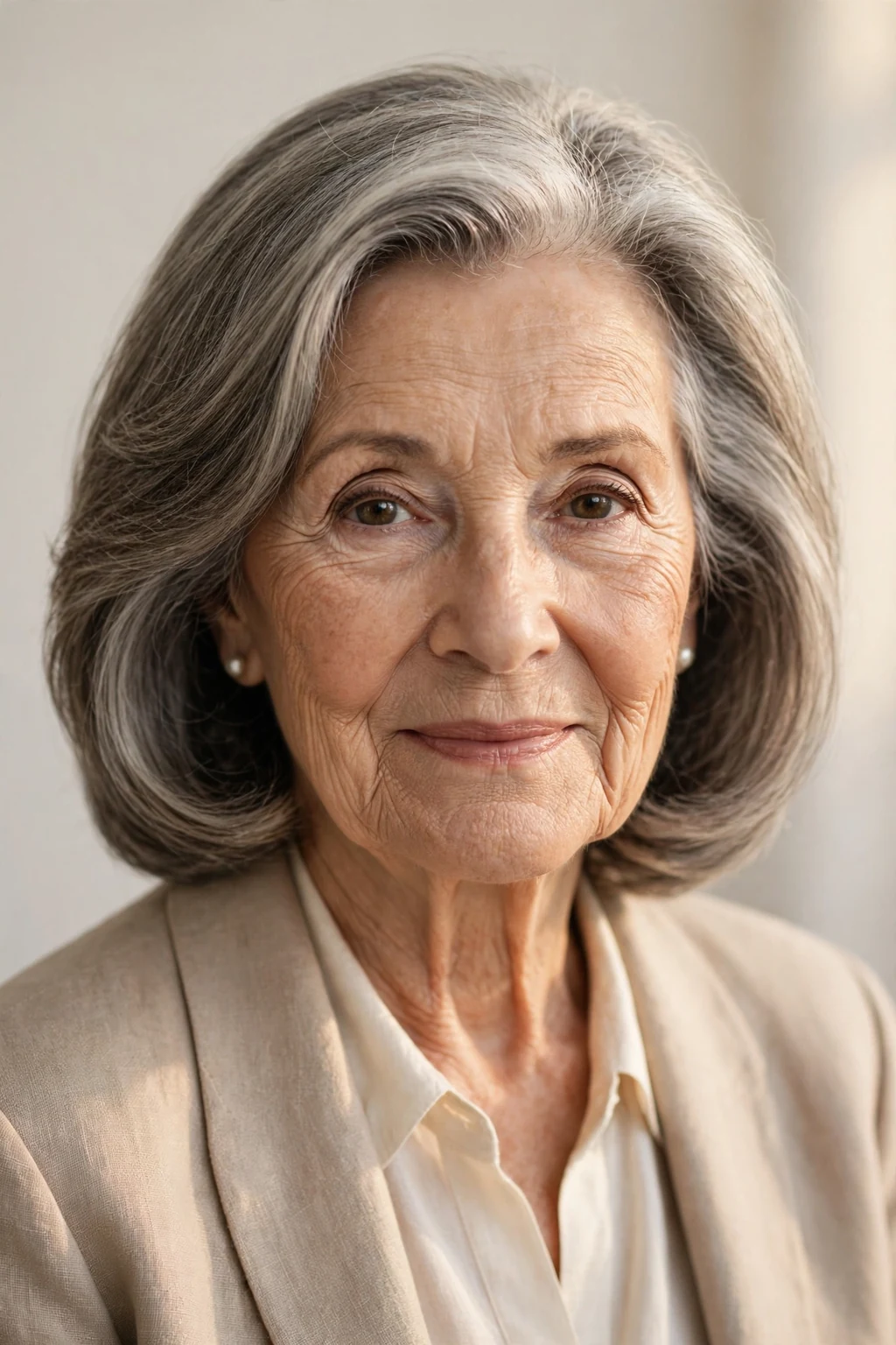 Elegant woman over 70 with timeless shoulder-length style, classic beautiful hair, warm light.