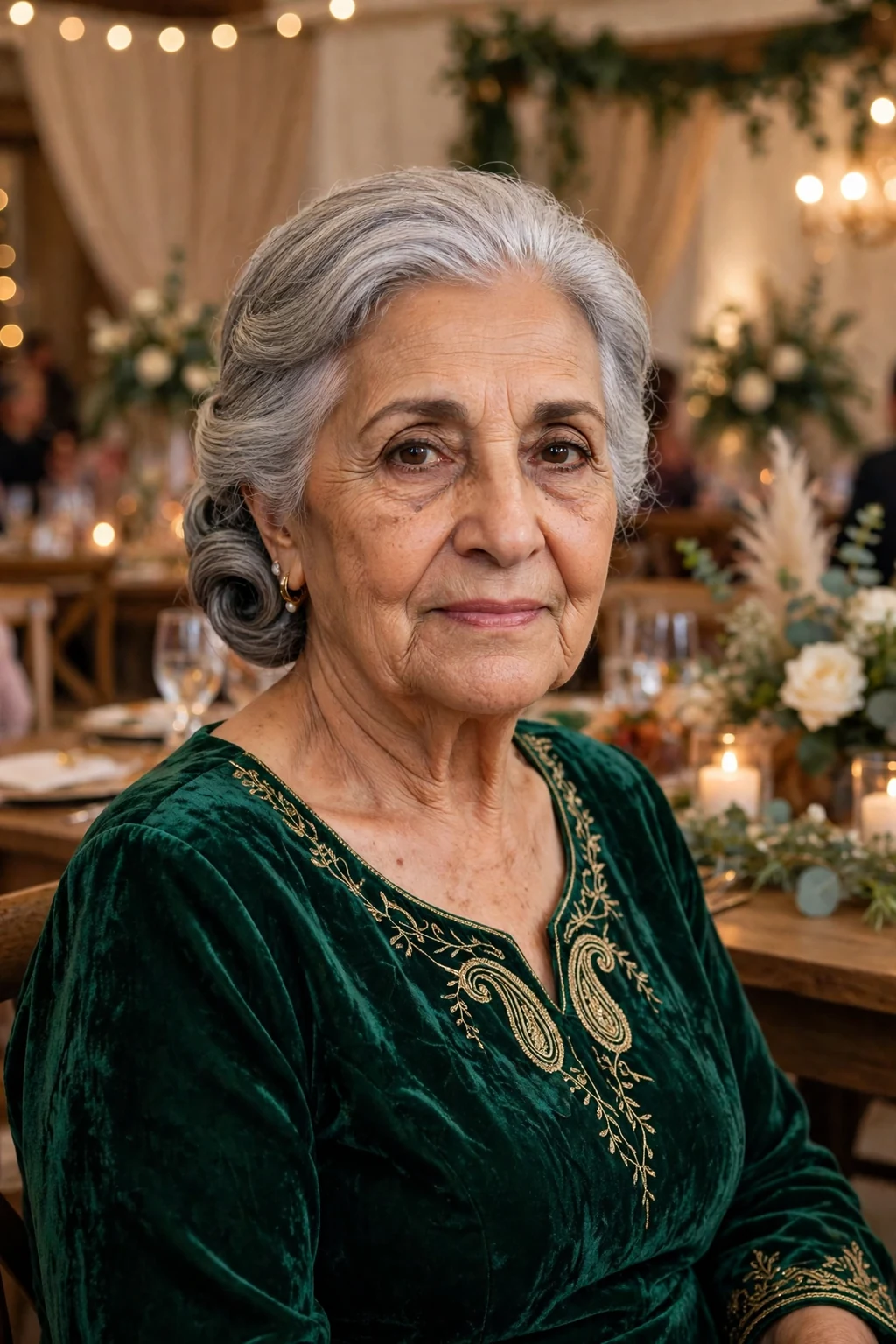 Distinguished woman over seventy with a timeless silver chignon updo.