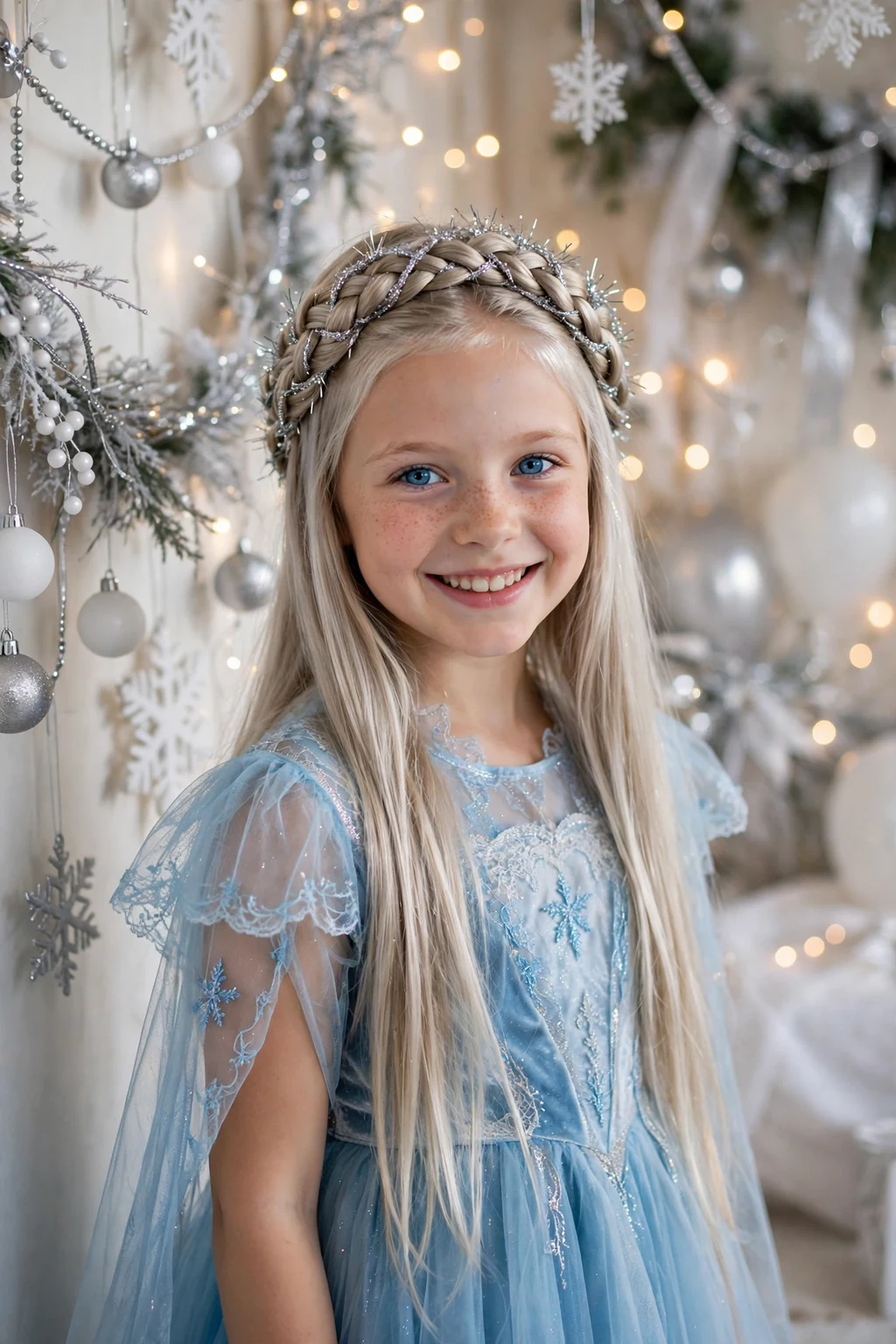 A young girl with a tinsel twisted crown with silver tinsel woven through twisted sections.