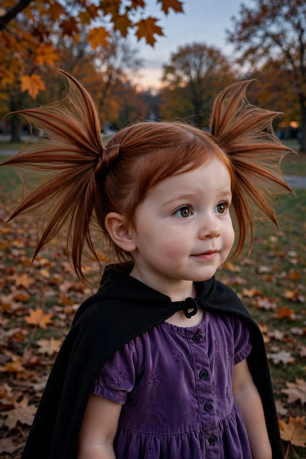 A toddler with two side twists fanned like bat wings wearing a purple dress at twilight.