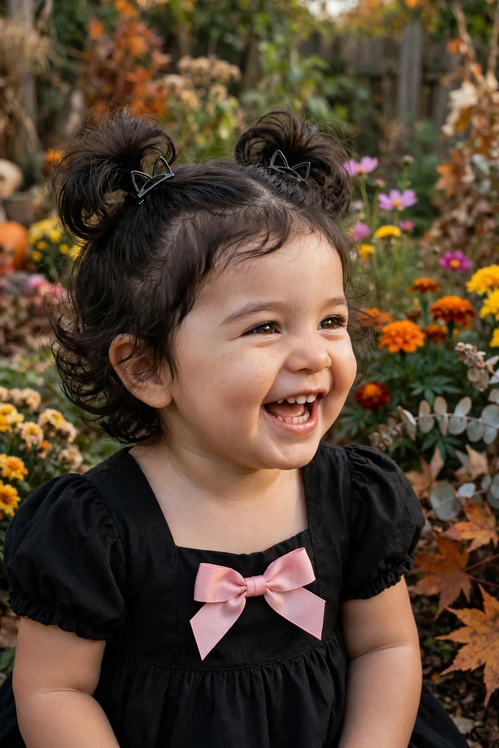 A toddler with two high puffs and black cat ear clips wearing a black costume in a garden.