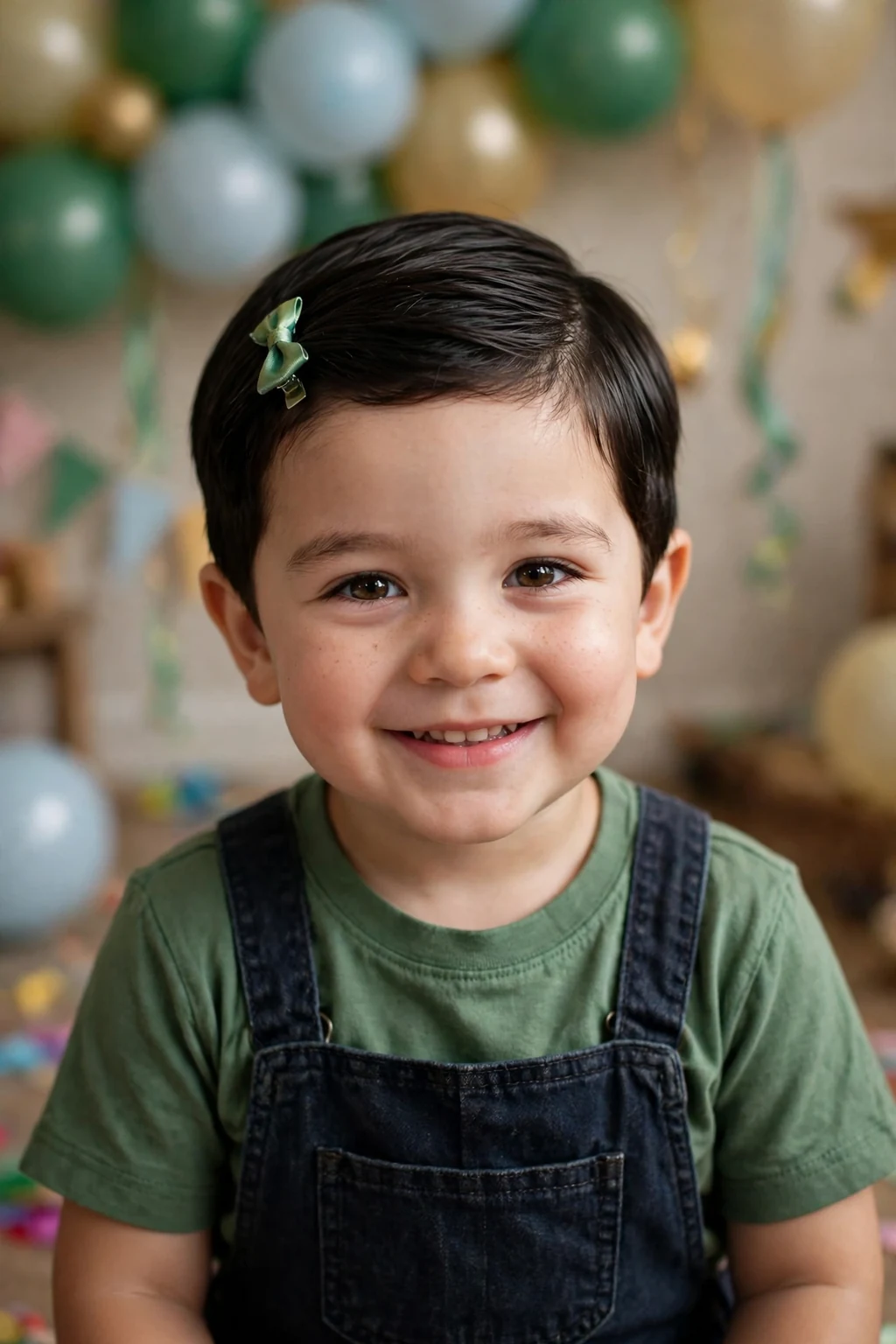 A toddler with a neat side part and a green bow clip wearing a green outfit at a costume party.
