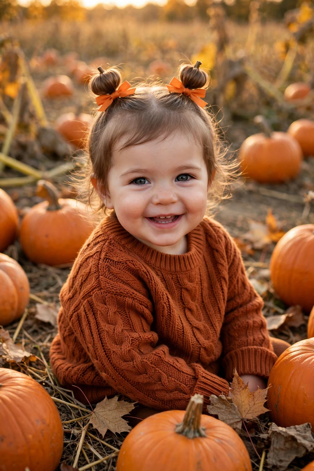 A smiling toddler with two tiny pumpkin buns and orange bows at a pumpkin patch.