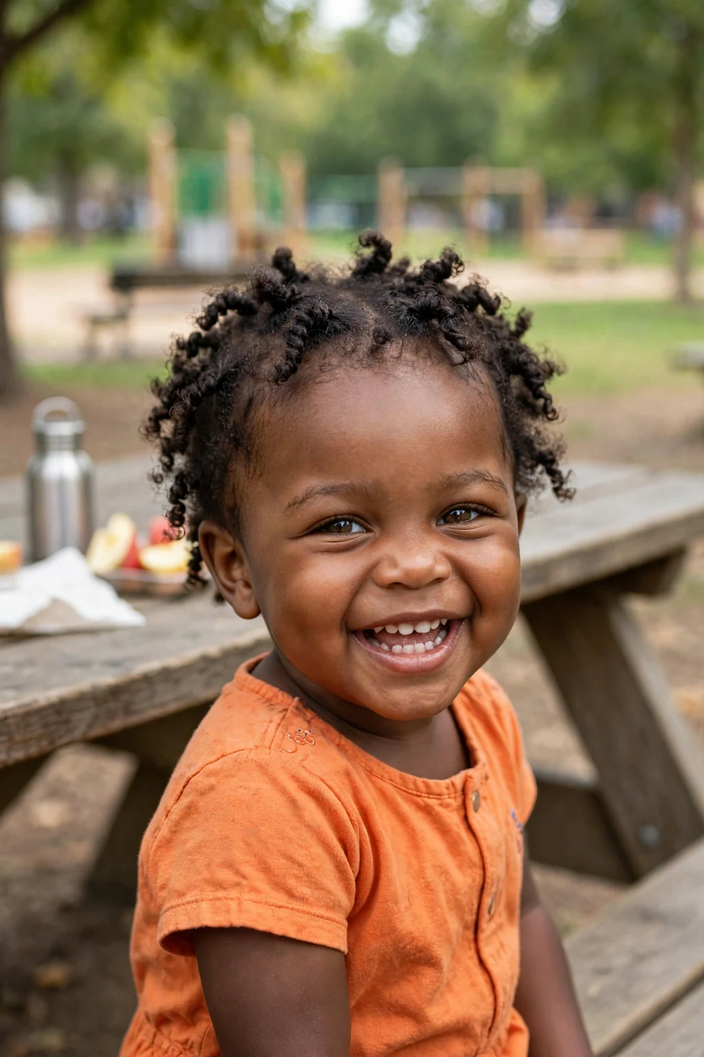 A toddler girl with tiny twist outs hairstyle, wearing orange romper, in community park picnic area.