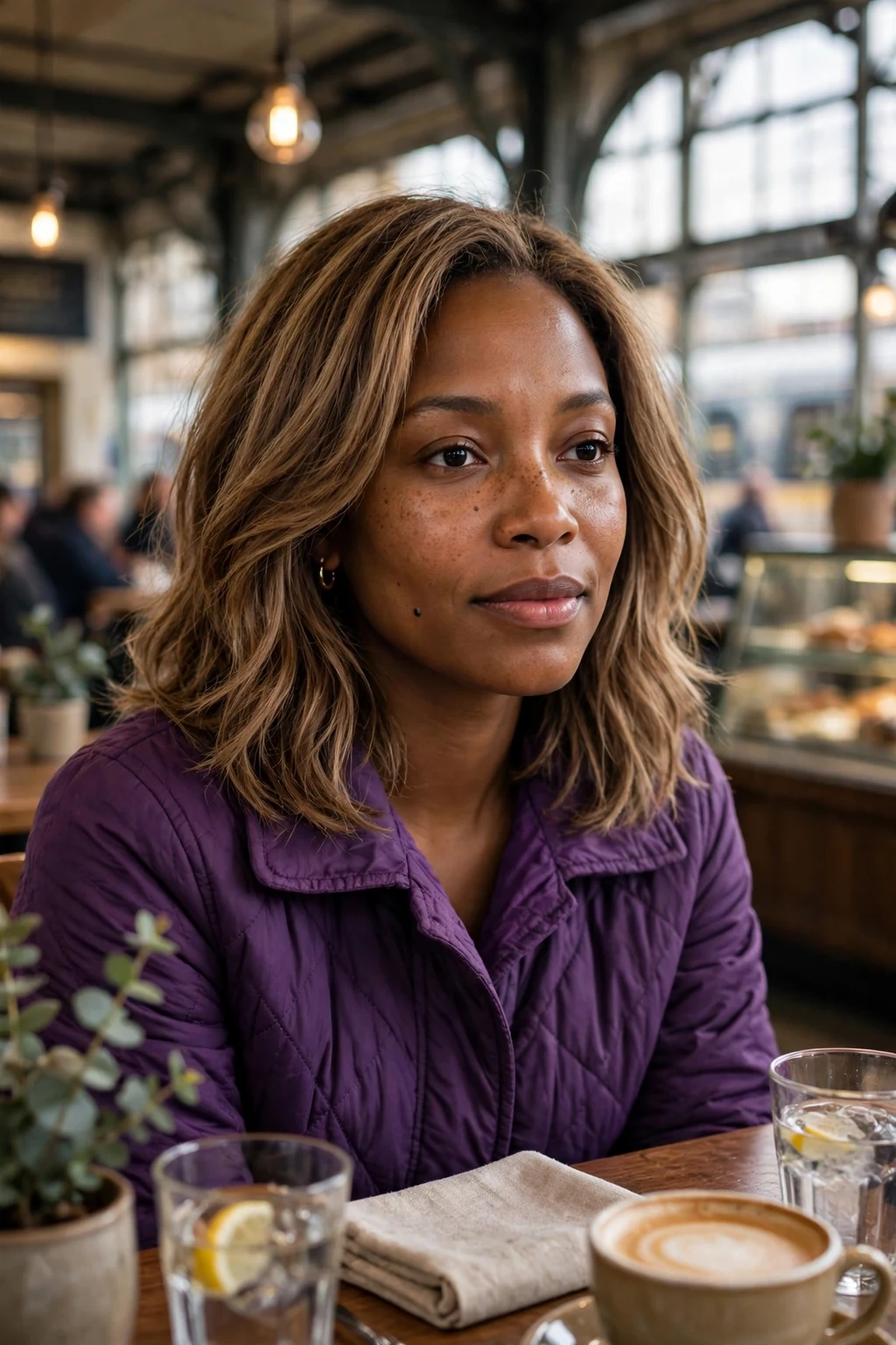 Young woman with a toasted almond shoulder-length cut, sitting in a train station cafe wearing a purple coat.