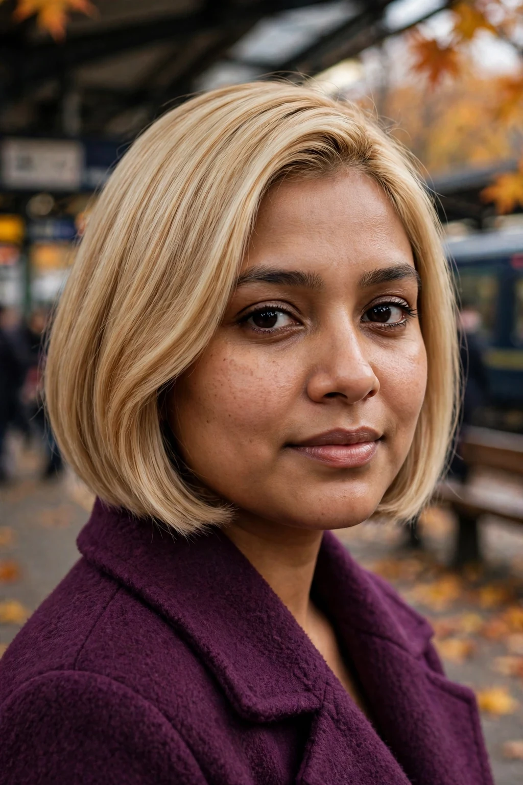 Young woman with toasted marshmallow blonde hair in a sleek lob, wearing a plum coat at a train station.