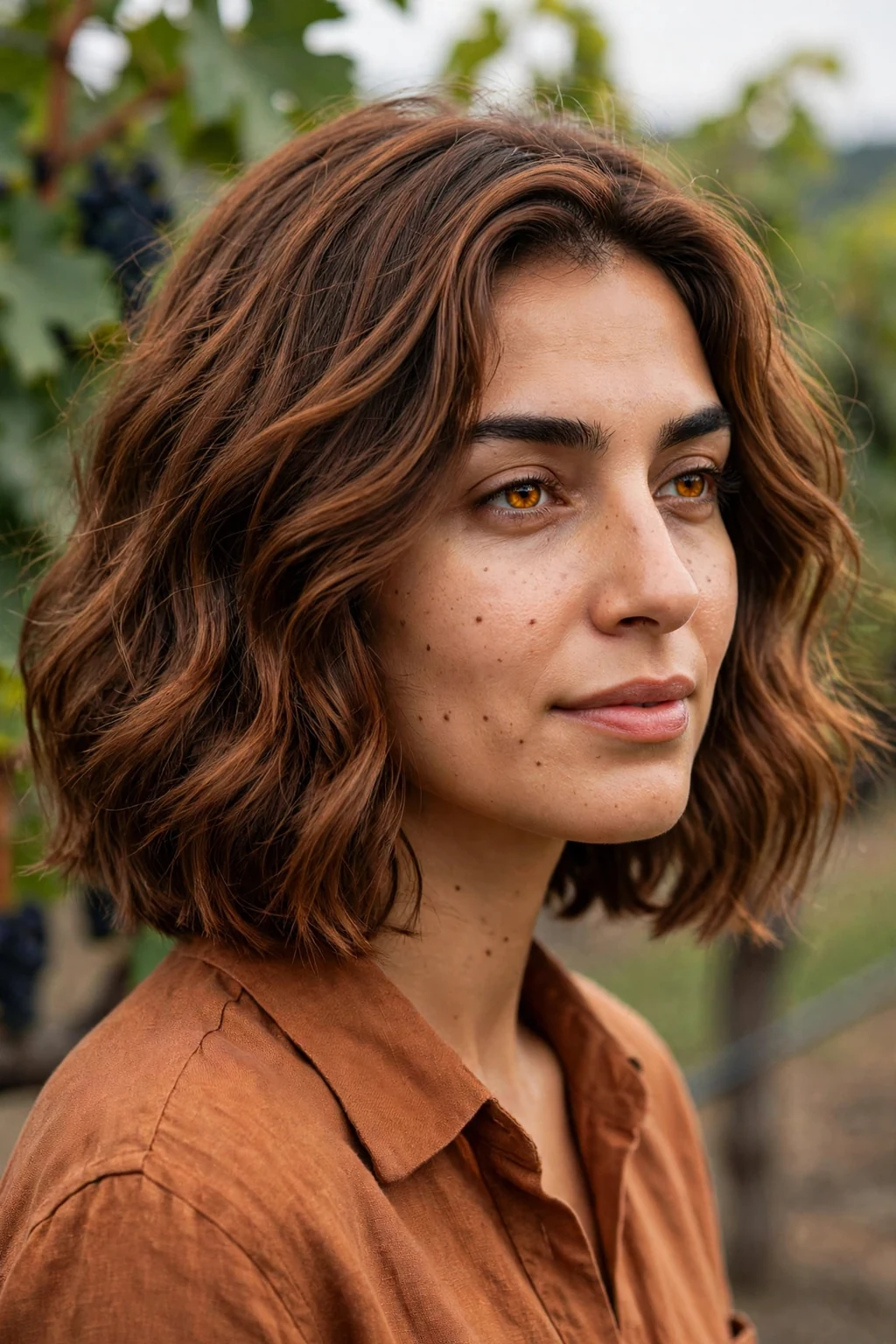 Young Canadian woman in her early 30s with a toasted velvet cinnamon lob, wearing a rust linen shirt, at a Niagara vineyard.