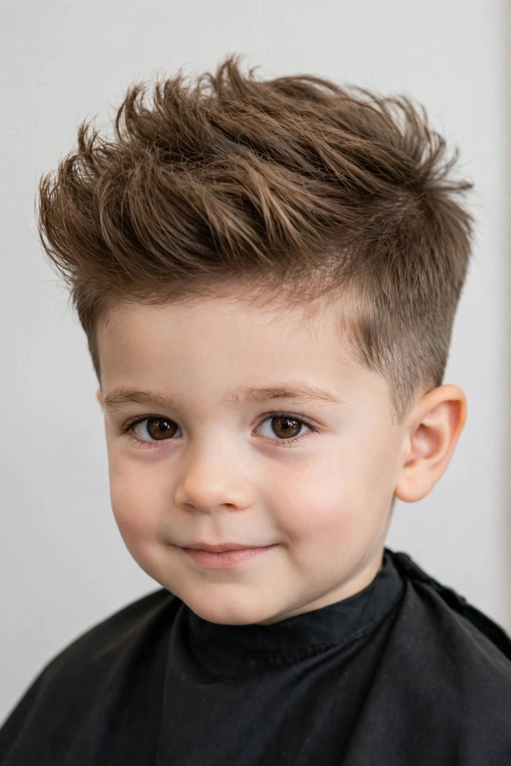 Handsome toddler boy with a voluminous blowout taper haircut, full styled top, smooth faded sides.