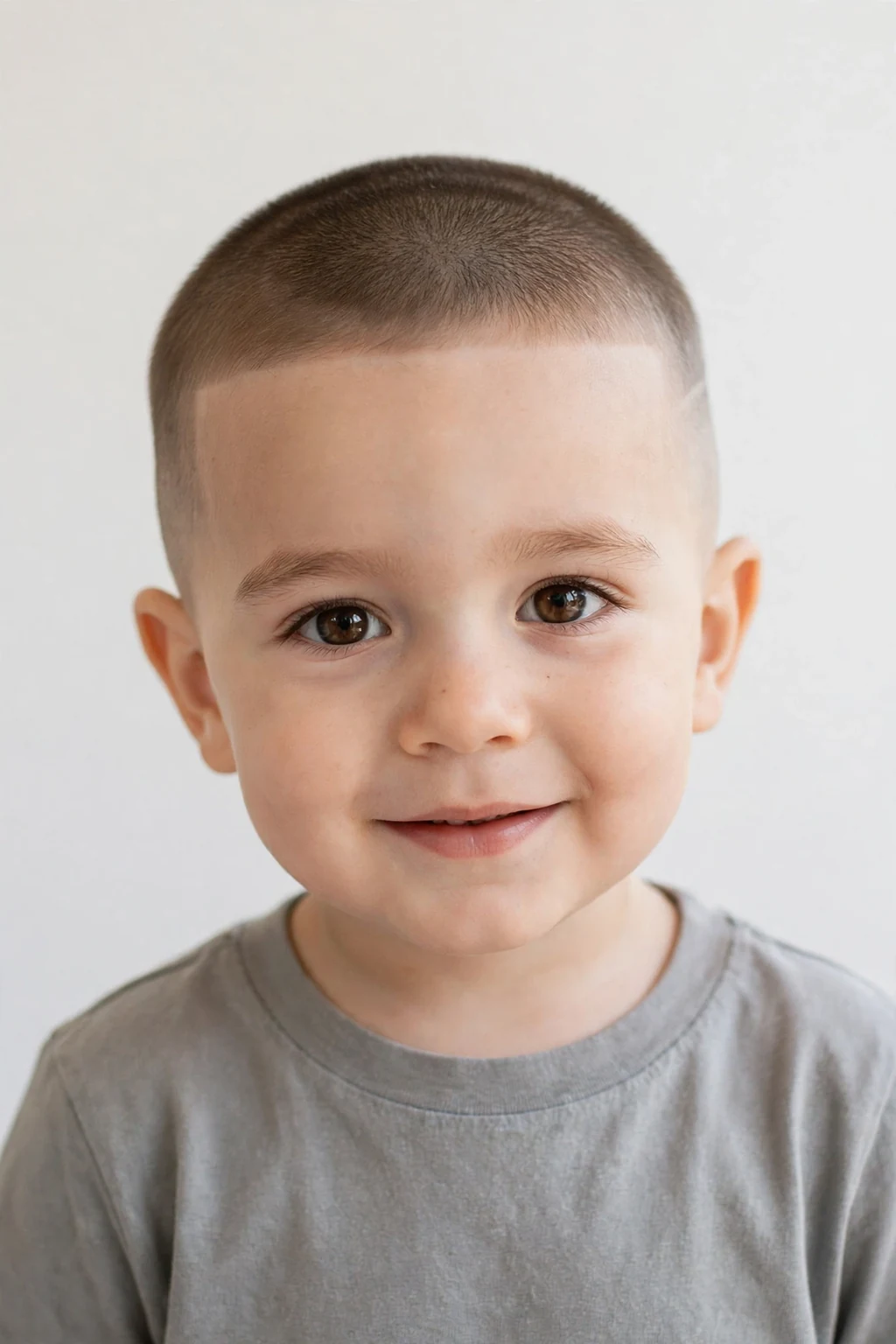 Cute toddler boy with a clean buzz cut, even short length all over, bright natural light.