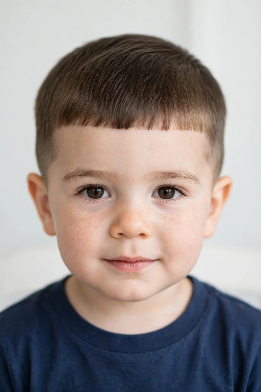 Neat toddler boy with a caesar cut, short even fringe across forehead, tidy all-over length.