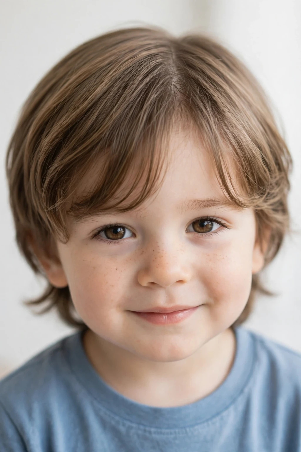Sweet toddler boy with a soft curtain fringe parted in the middle, gentle face-framing hair, soft light.