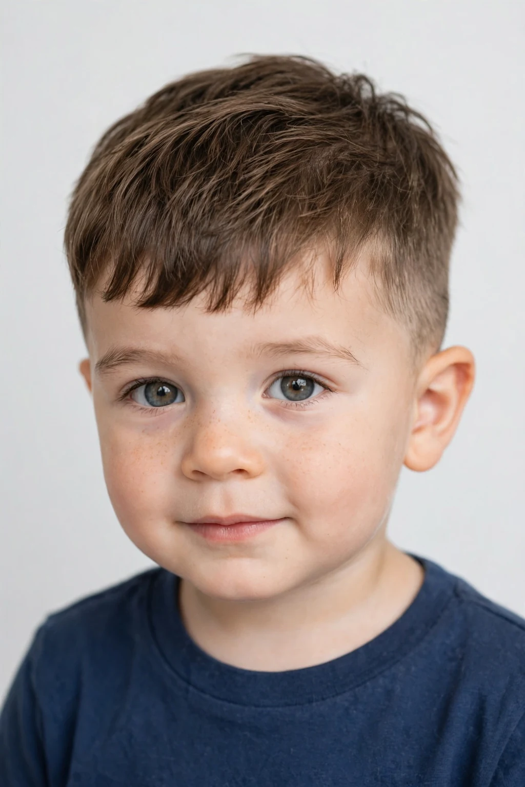 Toddler boy with a trendy french crop haircut, short textured fringe, neat sides, modern studio light.