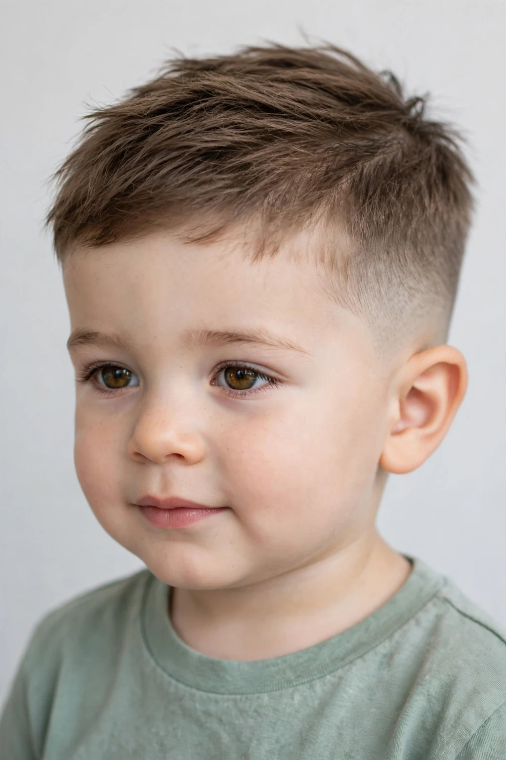 Toddler boy with a clean taper fade haircut, smooth gradient on sides, neat top, studio lighting.