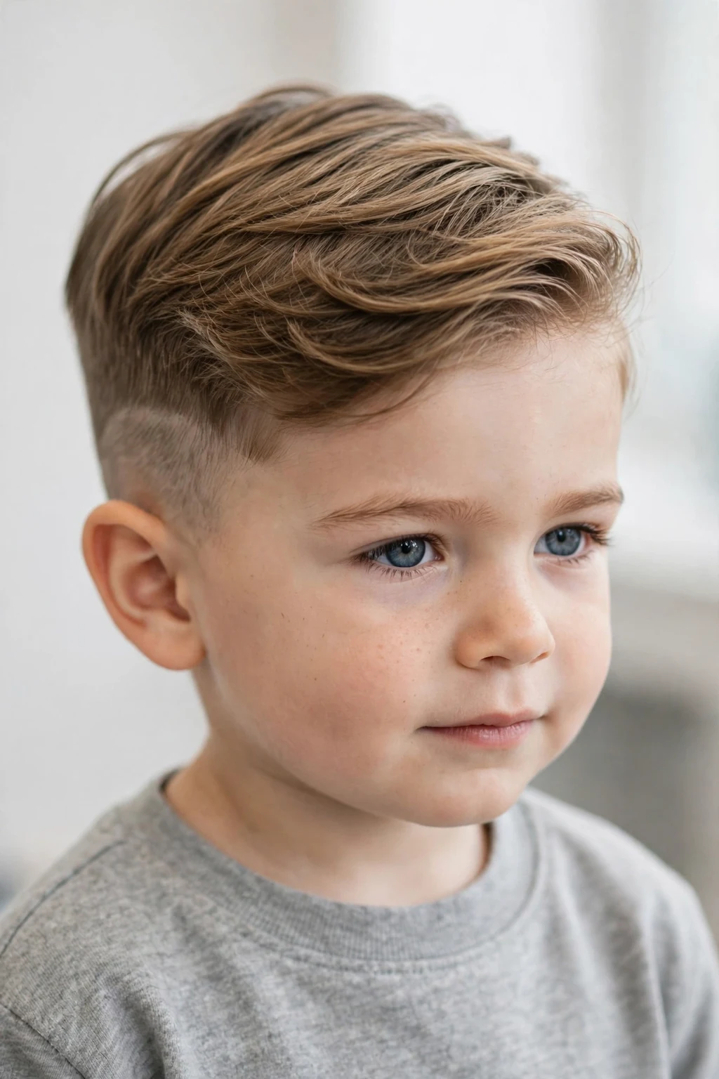 Cool toddler boy with an undercut, long swept top with short disconnected sides, modern lighting.