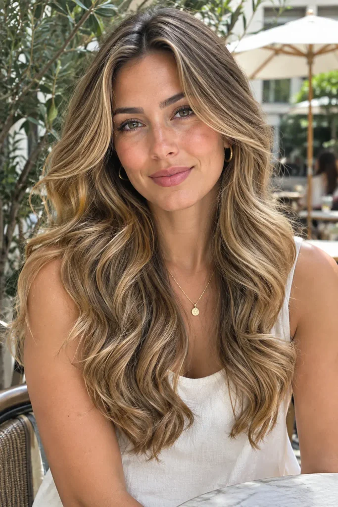 Long voluminous toffee blonde hair with caramel, amber, and honey highlights styled in polished waves on a young woman wearing an ivory sleeveless blouse at an outdoor café terrace.