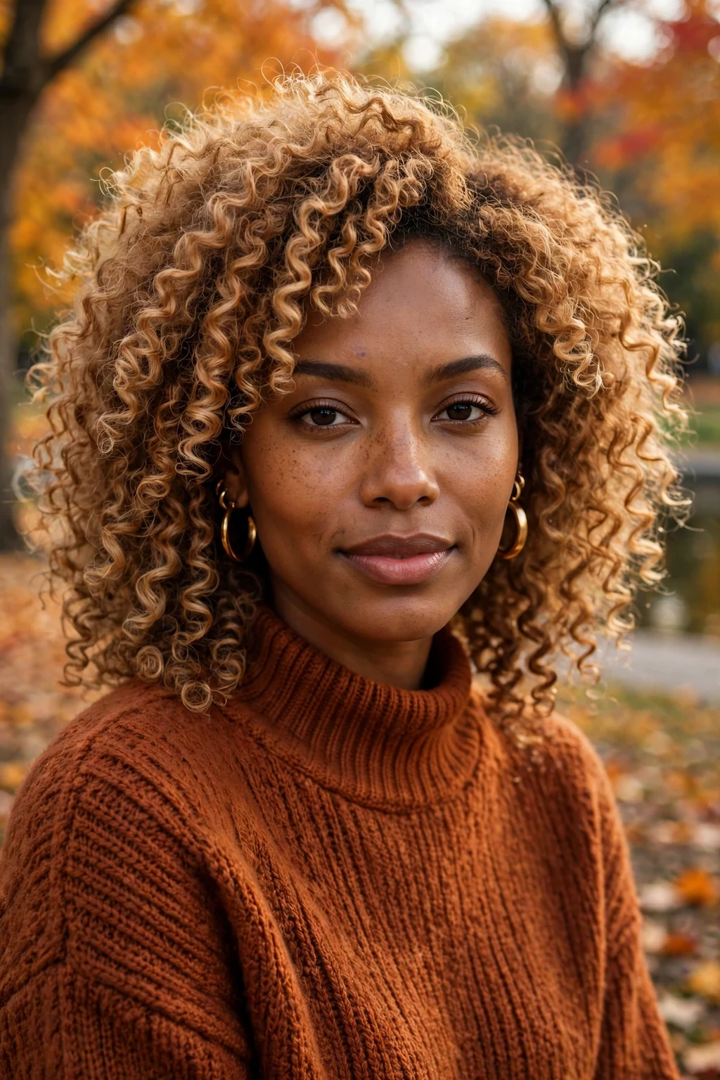 Beautiful woman with toffee blonde, rich toffee blonde tones, warm light.