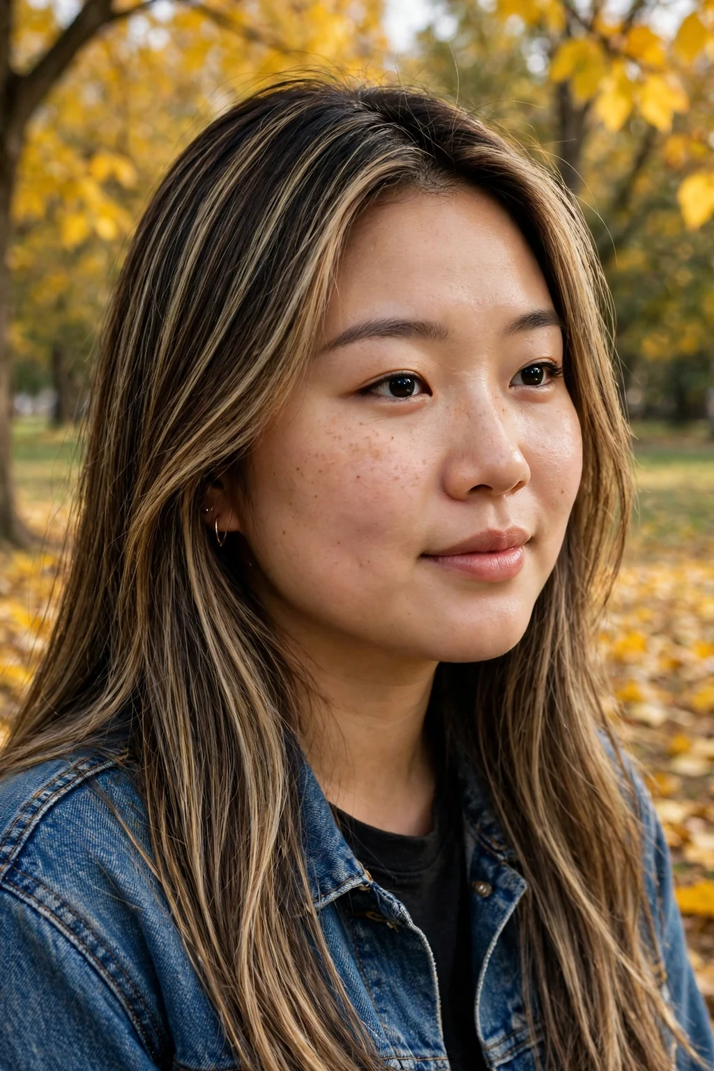 Young woman with toffee blonde highlights in a long straight style, wearing a denim jacket in a park.