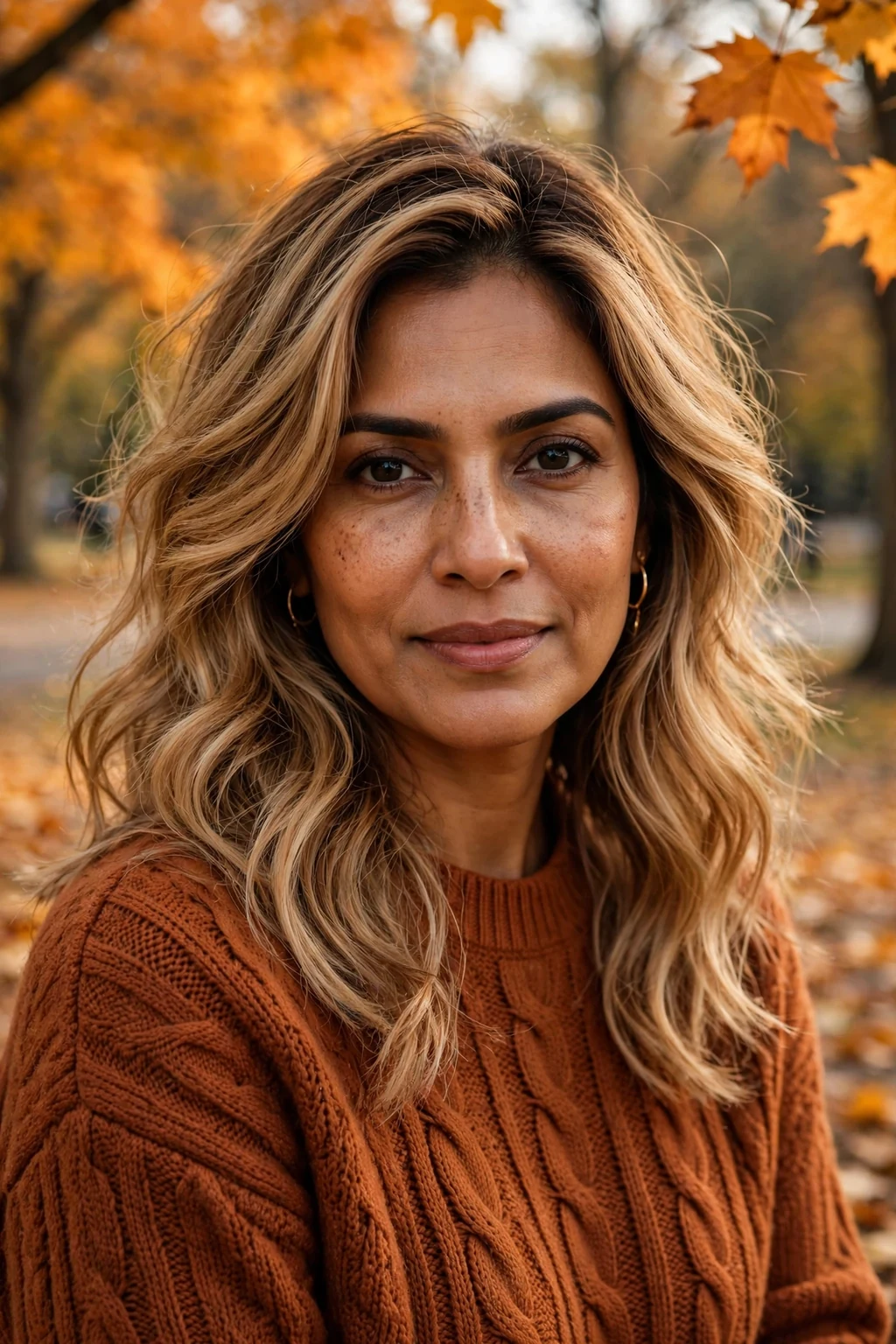 Beautiful woman with toffee blonde melt, rich toffee blonde, cozy light.