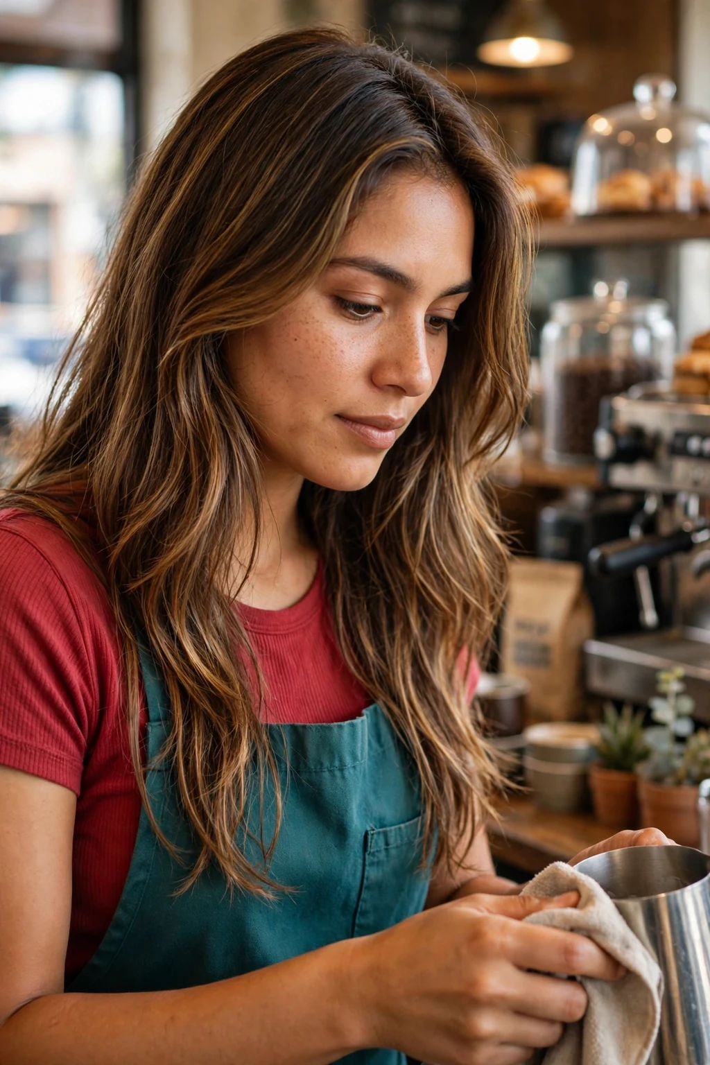 Young woman with toffee highlights layered cut, working in a coffee shop wearing a teal apron over a red top.