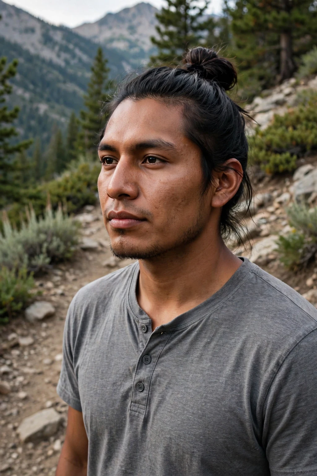 Man in his late 20s with a top knot hairstyle, wearing a gray henley shirt on a mountain trail.