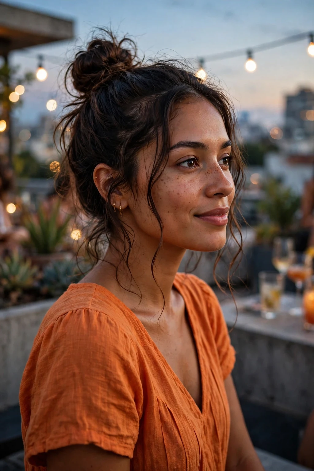 Young woman with a top knot with loose tendrils at a rooftop party, wearing an orange dress.