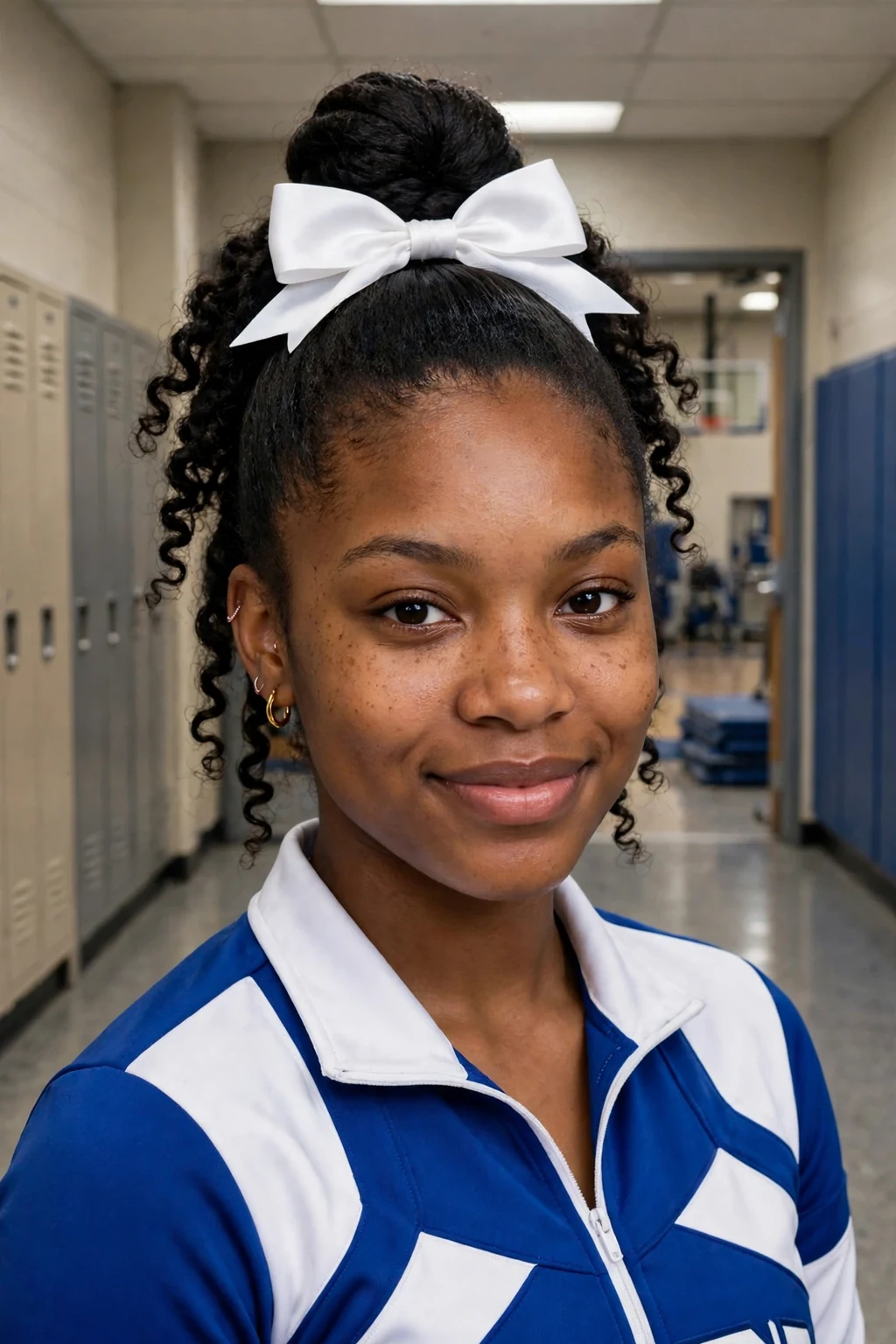 Young cheerleader with a sleek top knot and a white bow, in a gym locker room doorway.