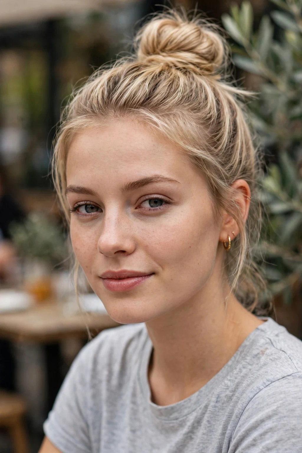 Beautiful woman with top knot updo, trendy top knot, casual light.