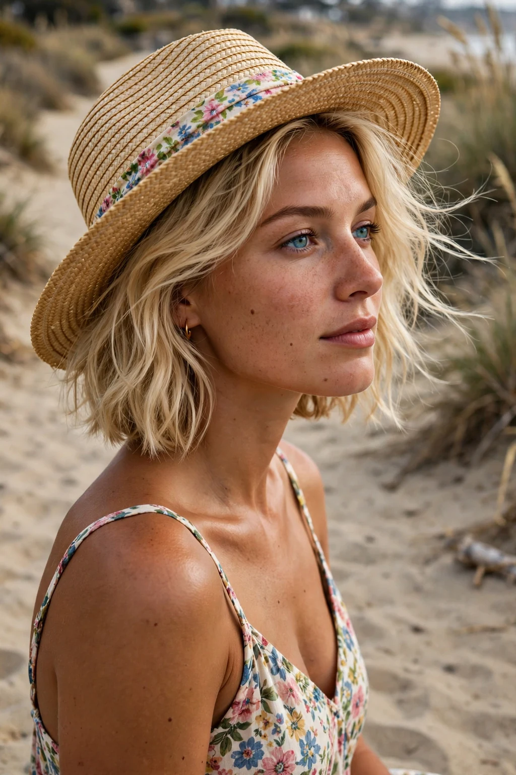 Young Californian woman with a tousled beach bob on a beach path in a floral dress.