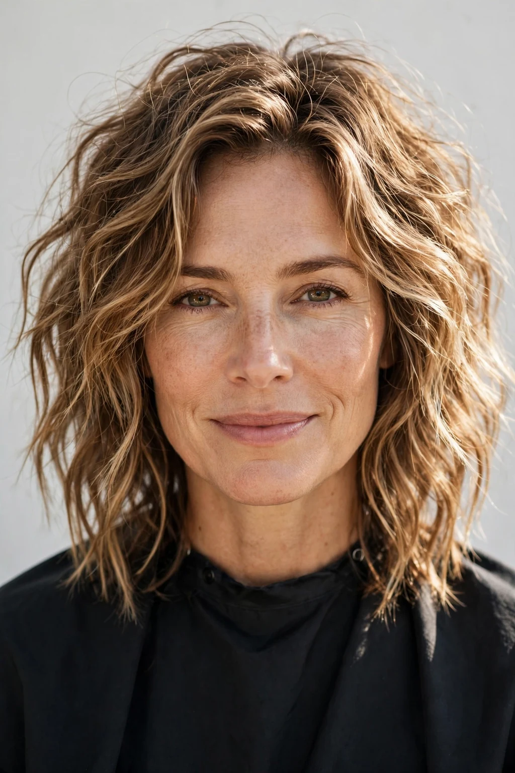 Woman over 40 with tousled beach waves, carefree texture, relaxed sunlit light.