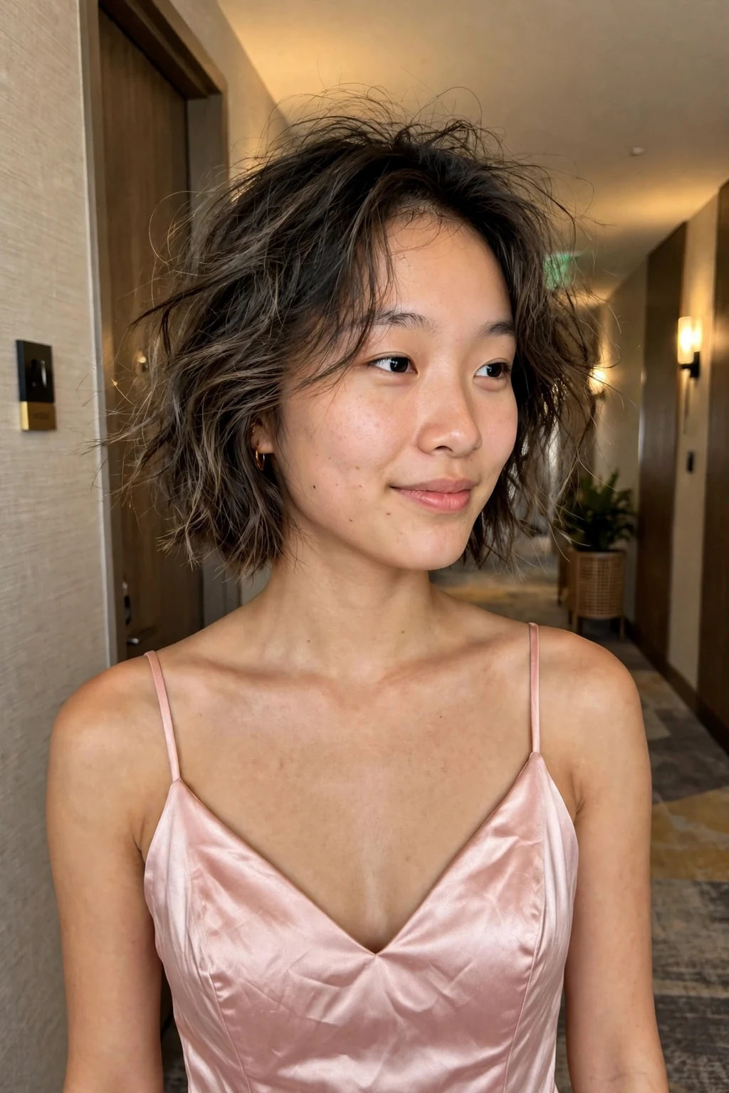 Young woman aged 18 to 20 with tousled beachy bob hairstyle for prom, a modern hotel corridor with warm lighting.