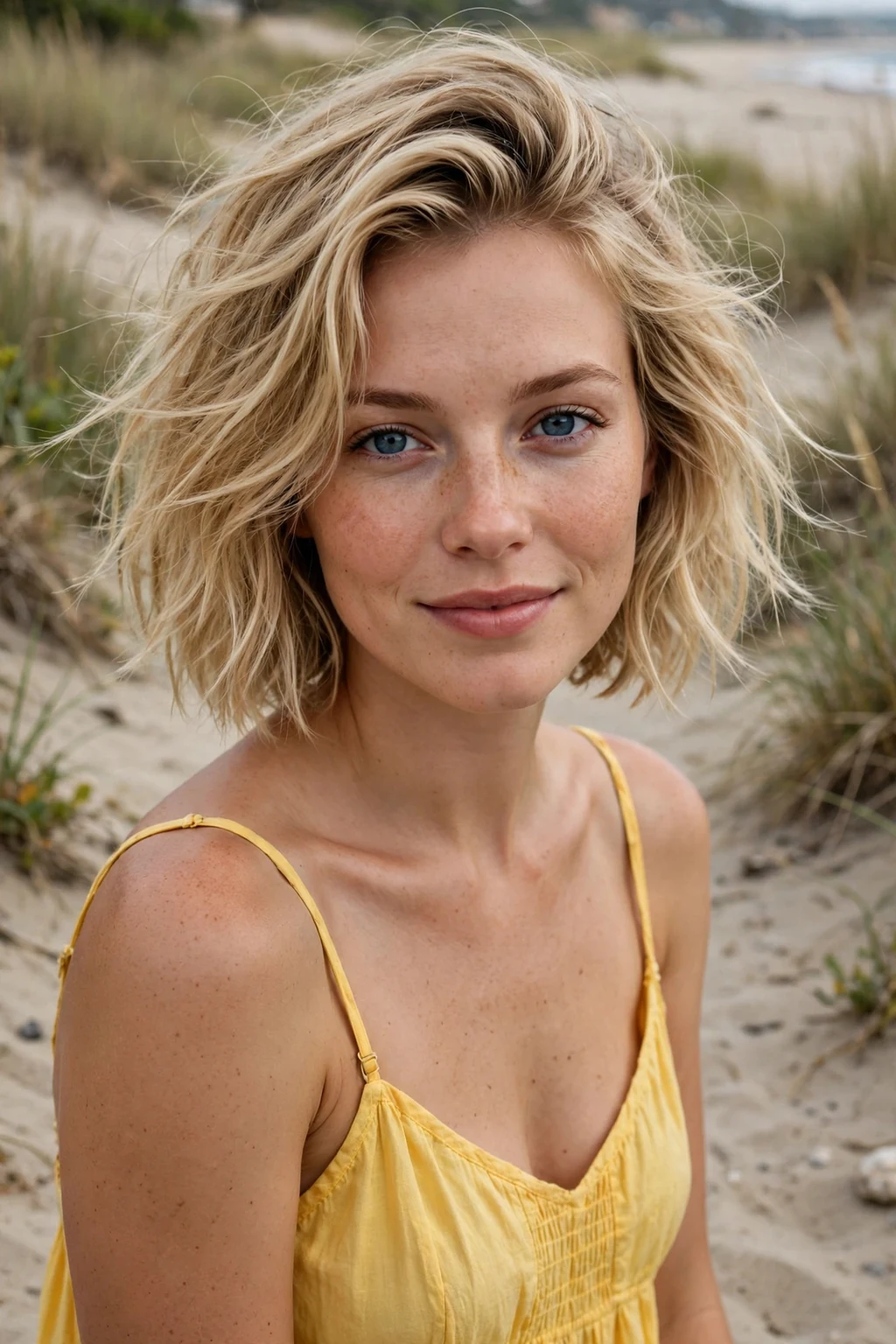 A young woman with a tousled beachy chin bob, wearing a yellow sundress on a sandy beach path.