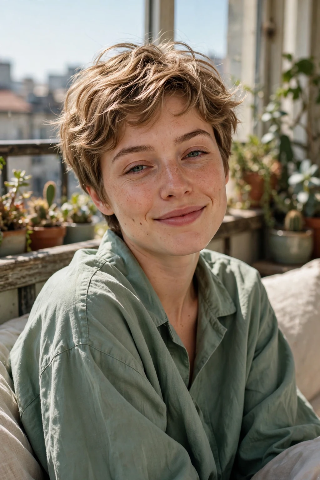 A young woman with a tousled bedhead pixie, deliberately messy soft waves and a just-woke-up finish.