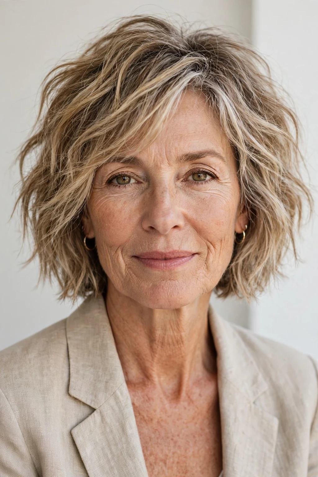 Elegant woman over 50 with tousled bob, carefree chic texture, casual light.