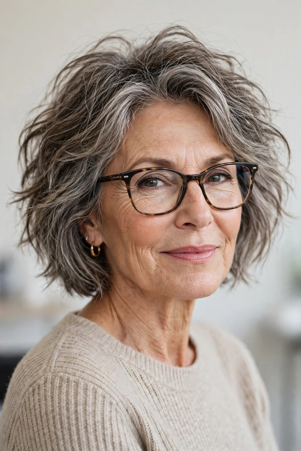 Elegant woman over 60 with glasses and tousled bob, carefree chic texture, casual light.