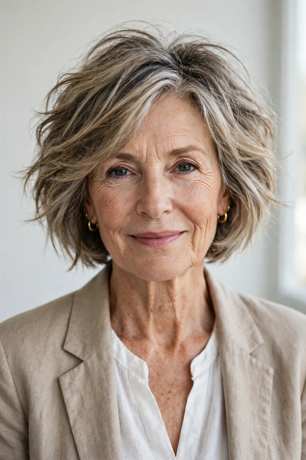 Elegant woman over 60 with tousled bob, carefree chic texture, casual light.
