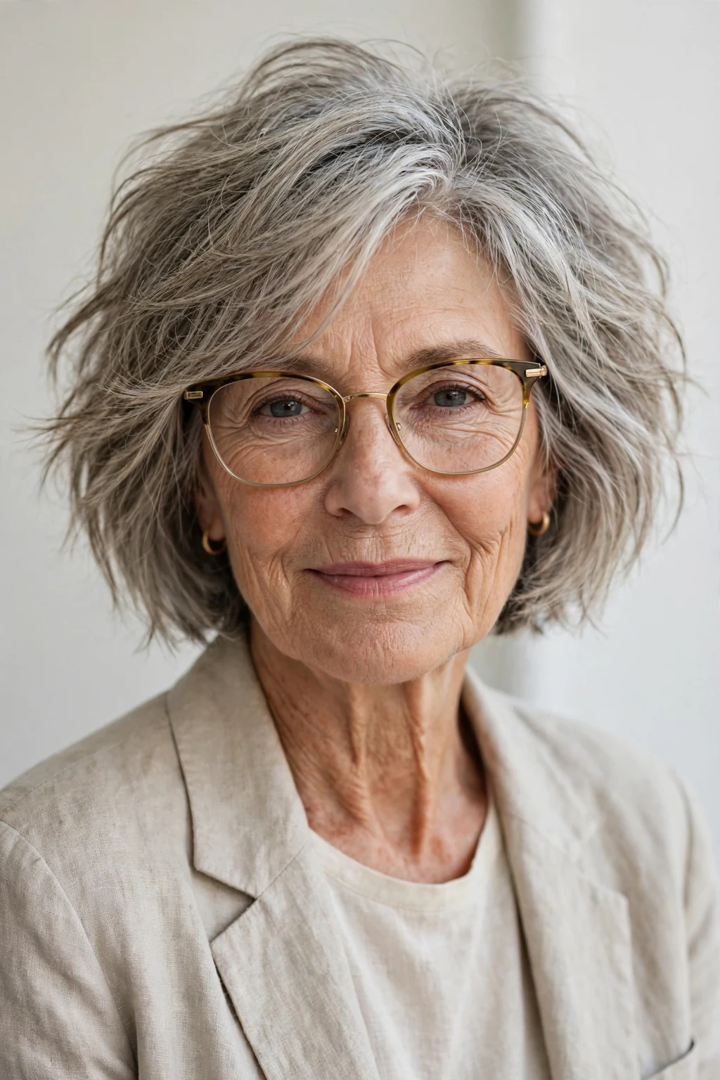 Elegant woman over 70 with glasses and tousled bob, carefree chic texture, casual light.