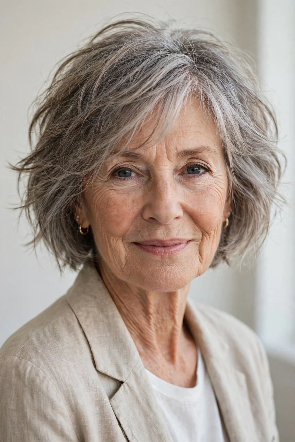 Elegant woman over 70 with tousled bob, carefree chic texture, casual light.