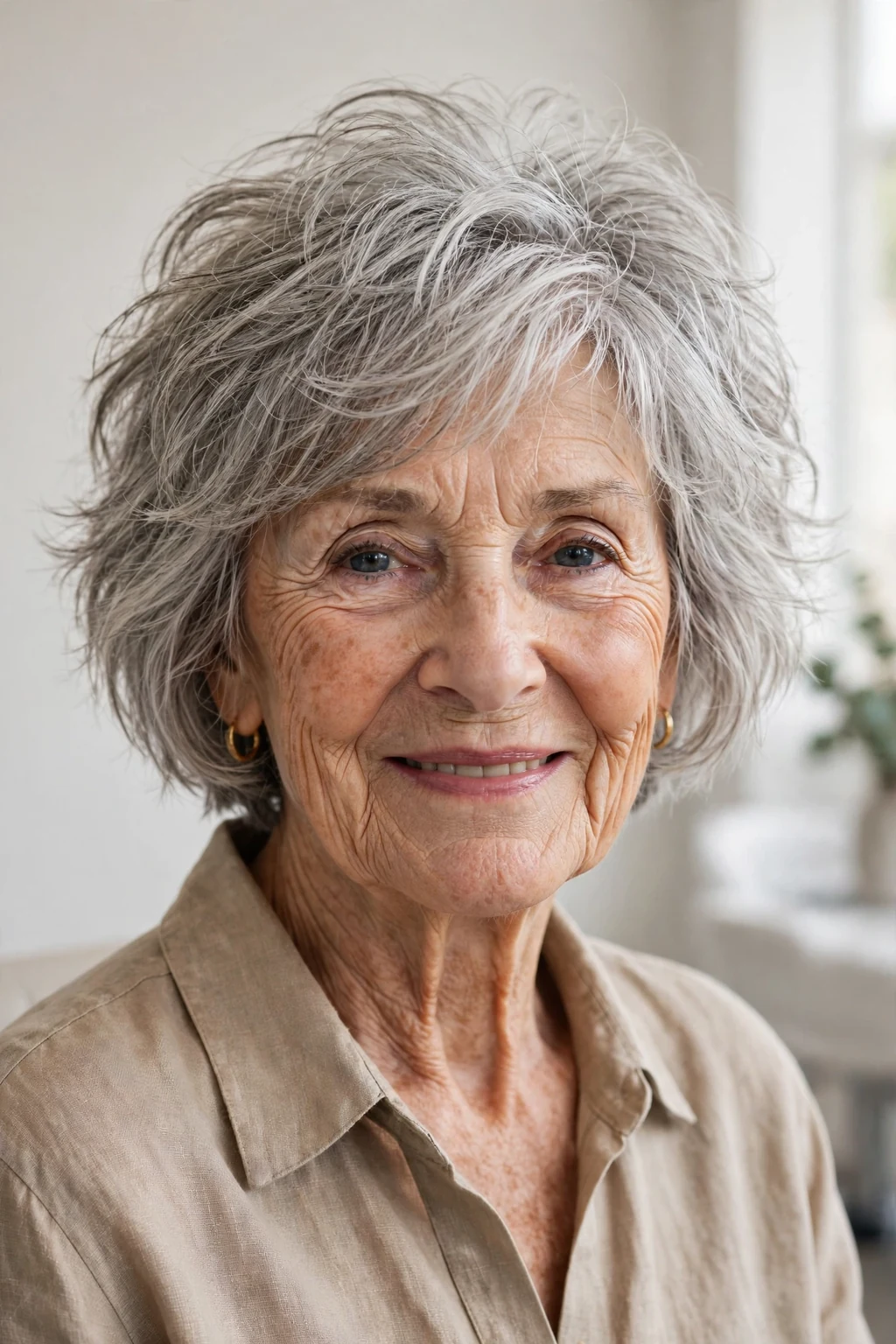 Elegant woman over 80 with tousled bob, carefree chic texture, casual light.