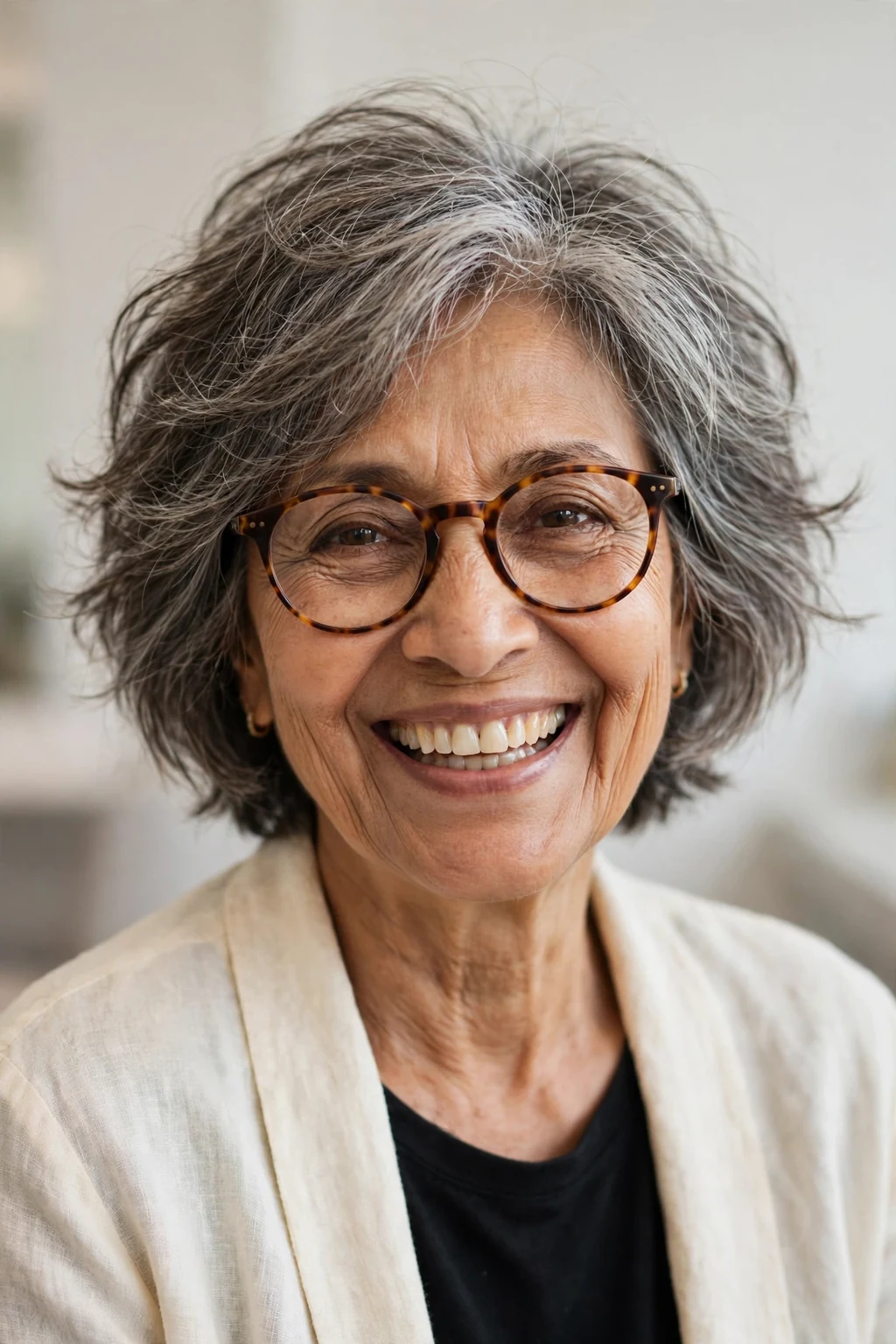 Elegant woman over 50 with fine hair and glasses and tousled bob, carefree chic texture, casual light.